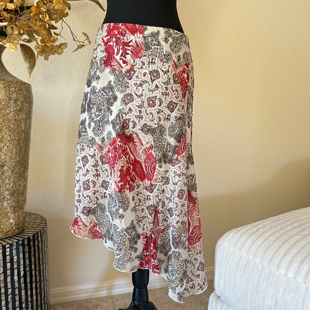 Byer California Paisley Floral Asymmetrical Red & Cream Flowy Lined Skirt M - Picture 4 of 10